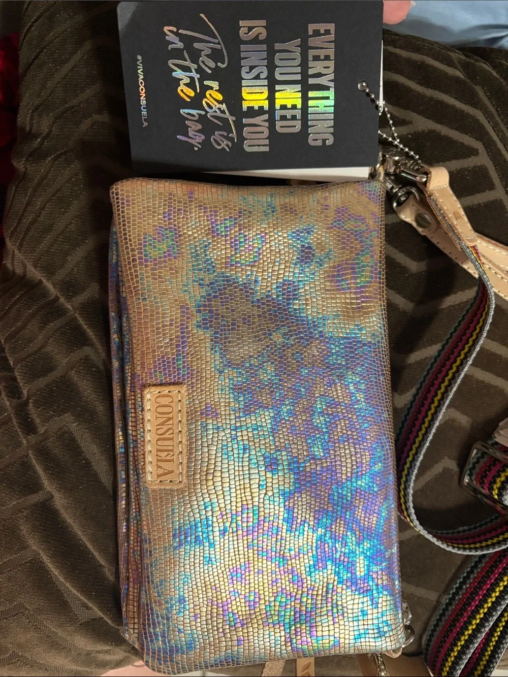 Consuela Iridescent Lizard-Embossed Wristlet - Gold with Blue & Purple Shimmer